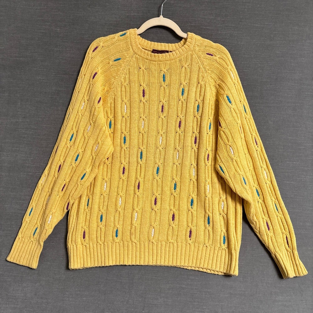 Vtg Chaps Ralph Lauren Sweater L Yellow Cotton Cable Knit Crewneck 90s Grandpa
